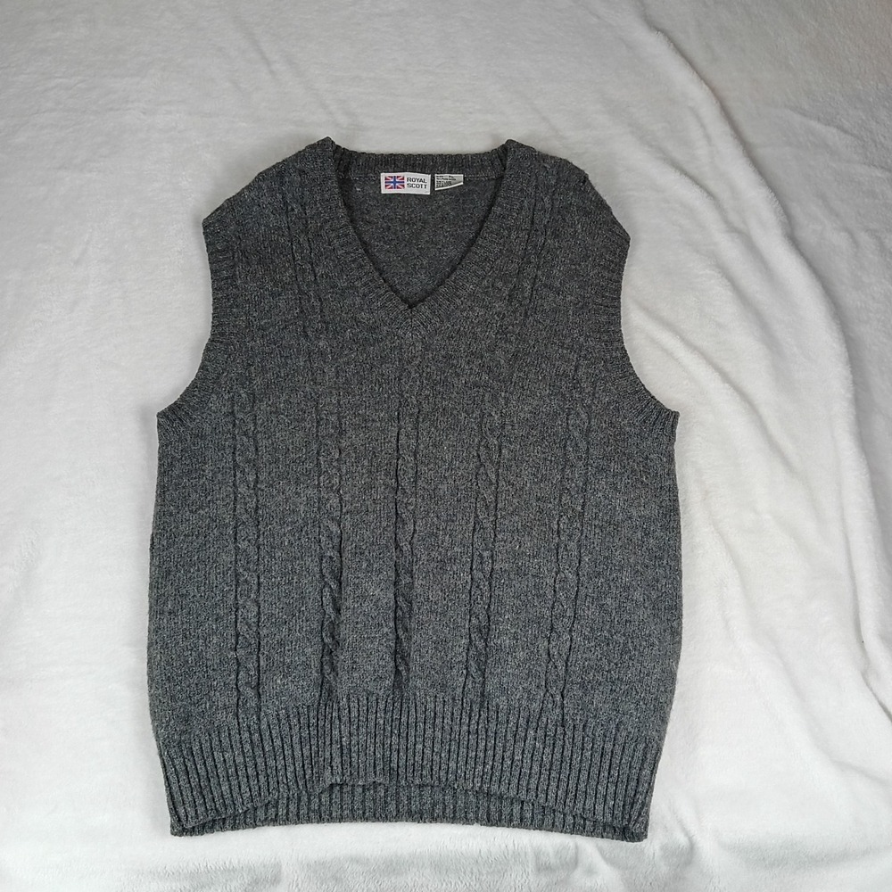 Royal Scott Sweater Vest Mens XL Gray Cable Knit Wool Sleeveless V Neck Pullover